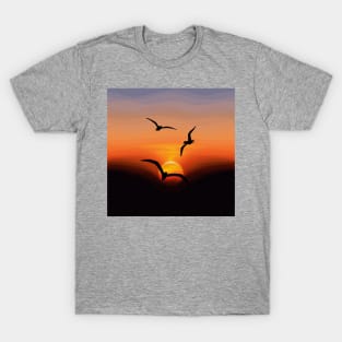 Flock of Birds Silhouette Against a Sunset, Landscape Digital Illustration T-Shirt